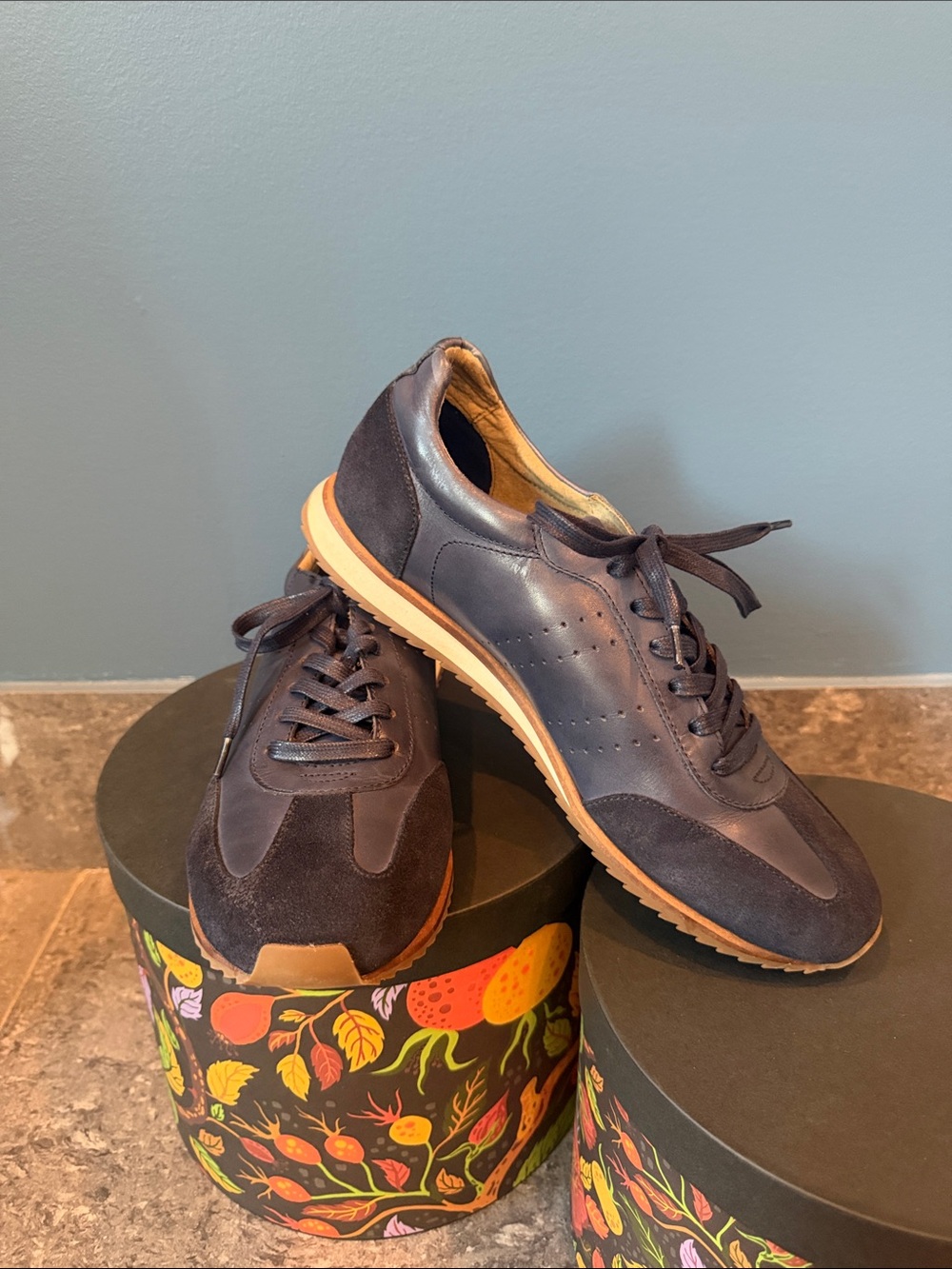 Banana Republic Navy and Tan Men's Leather & Suede Sneakers